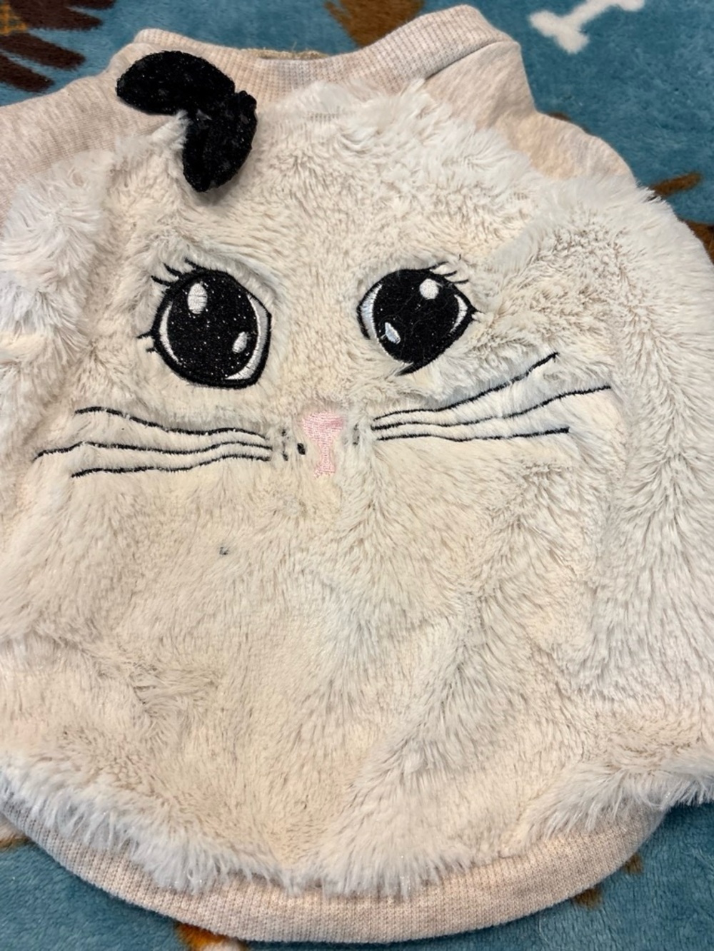 Plush Cream Cat Face Pet Sweater with Bow small/medium